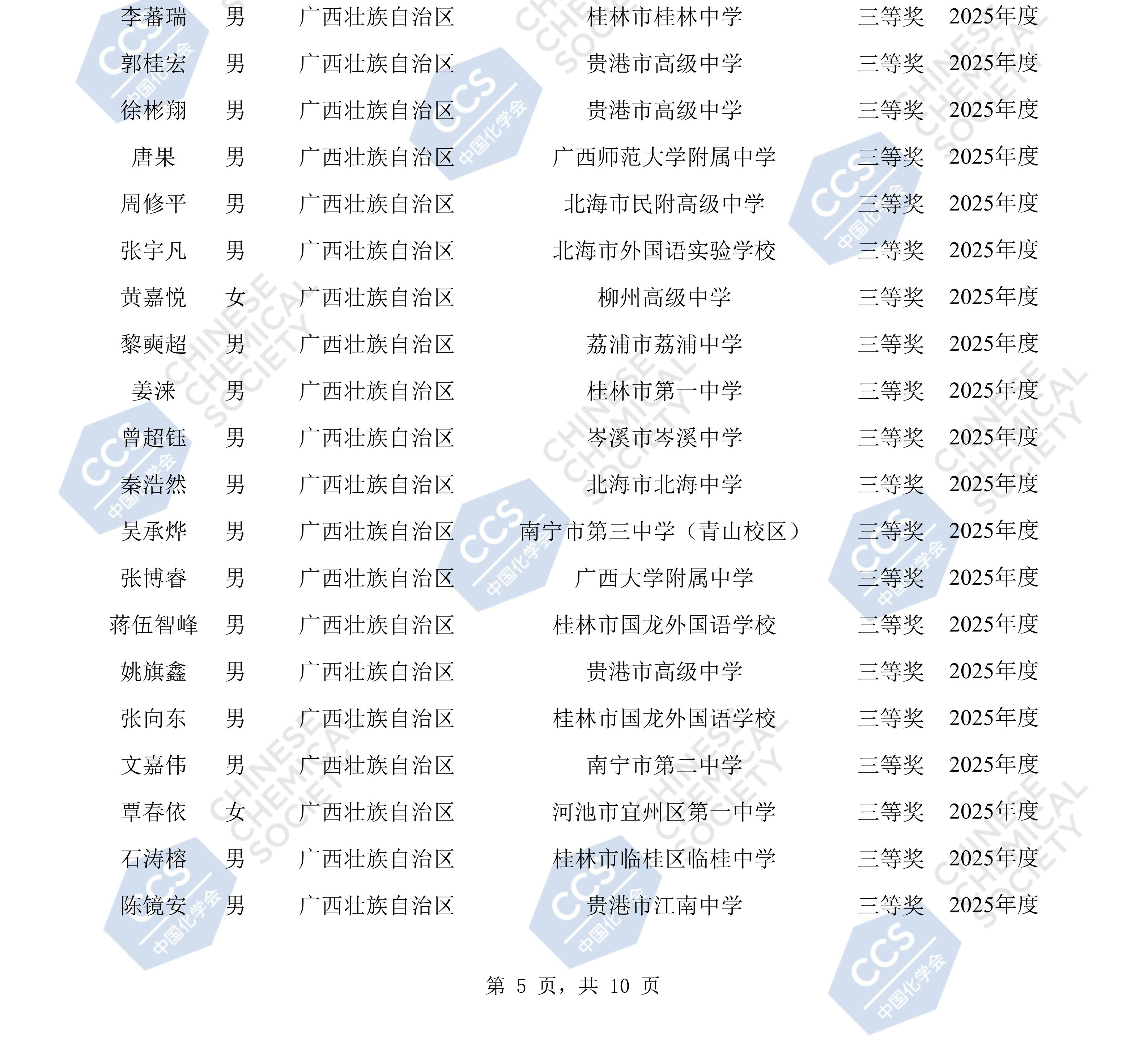 广西2025年全国中学生化学竞赛初赛省三获奖名单